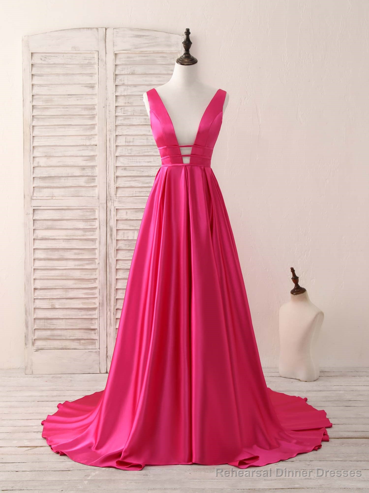 Simple V Neck Satin Long Prom Dress Backless Evening Dress Main image