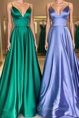 Simple v neck satin long Evening Prom Dress satin evening Dress