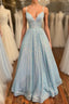 Simple v neck sequin long Evening Prom Dress, blue sequin formal Dress