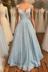 Simple v neck sequin long Evening Prom Dress, blue sequin formal Dress