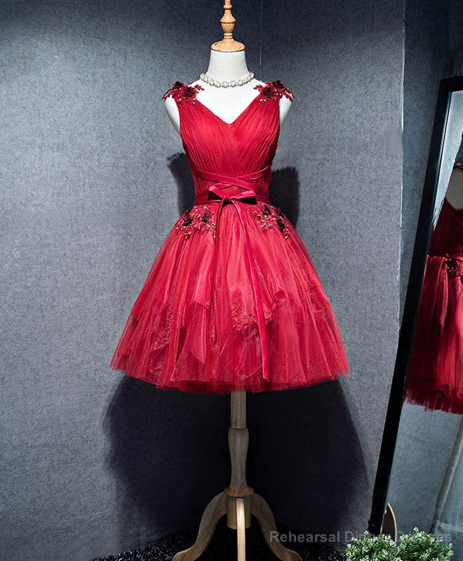 Simple V Neck Tulle Burgundy Homecoming Dress,  Burgundy Prom Dress Main image