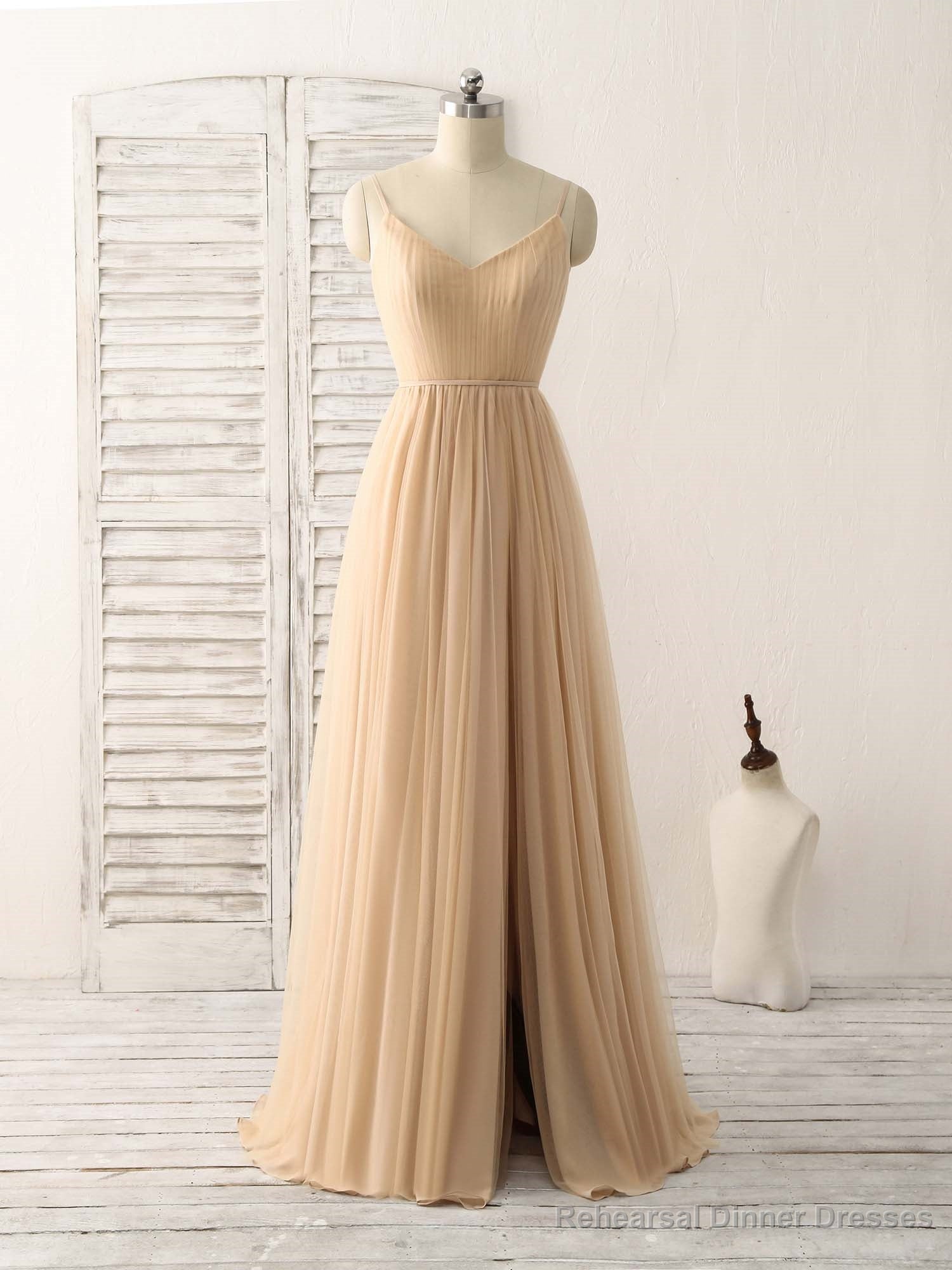 Simple V Neck Tulle Chiffon Long Prom Dress Champagne Bridesmaid Dress Main image