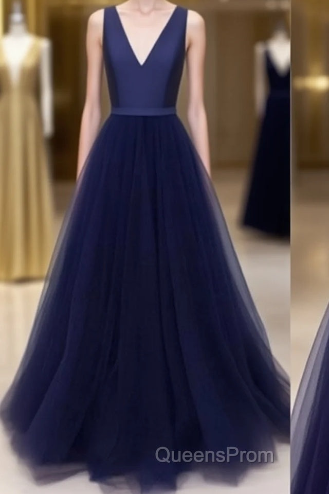 Simple V Neck Tulle Long Evening Prom Dress, Dark Blue Evening Dress Main image