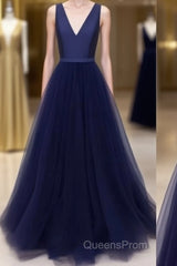 Simple V Neck Tulle Long Evening Prom Dress, Dark Blue Evening Dress