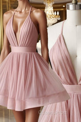 Simple v neck tulle pink short Evening Prom Dress pink bridesmaid Dress