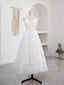 Simple V Neck Tulle Tea Length White Prom Dress, White Bridesmaid Dress