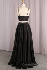 Simple V Neck Two Pieces Black Evening Prom Dress, 2 Pieces Black Long Formal Dress, Black Evening Dress