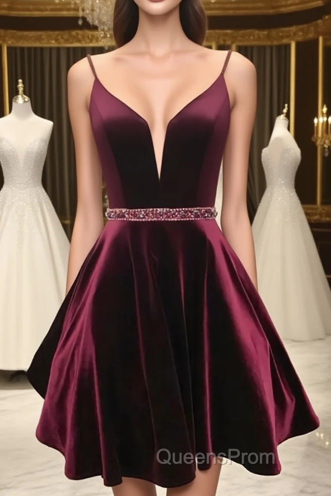 Simple v neck velvet short burgundy Evening Prom Dress, burgundy homecoming Dress Main image