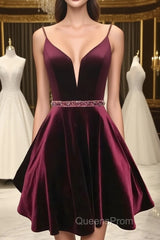 Simple v neck velvet short burgundy Evening Prom Dress, burgundy homecoming Dress