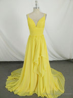 Simple V Neck Yellow Chiffon Long Prom Dress, Yellow Evening Dress