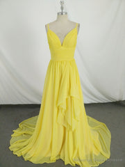 Simple V Neck Yellow Chiffon Long Prom Dress, Yellow Evening Dress