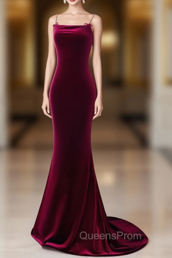 Simple Velvet Mermaid Burgundy Long Evening Prom Dress, Burgundy Long Evening Dress Main image