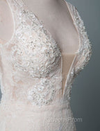 Simple Wedding Dress Lace A Line V Neck Sleeveless Beaded Floor Length Feather Bridal Gowns