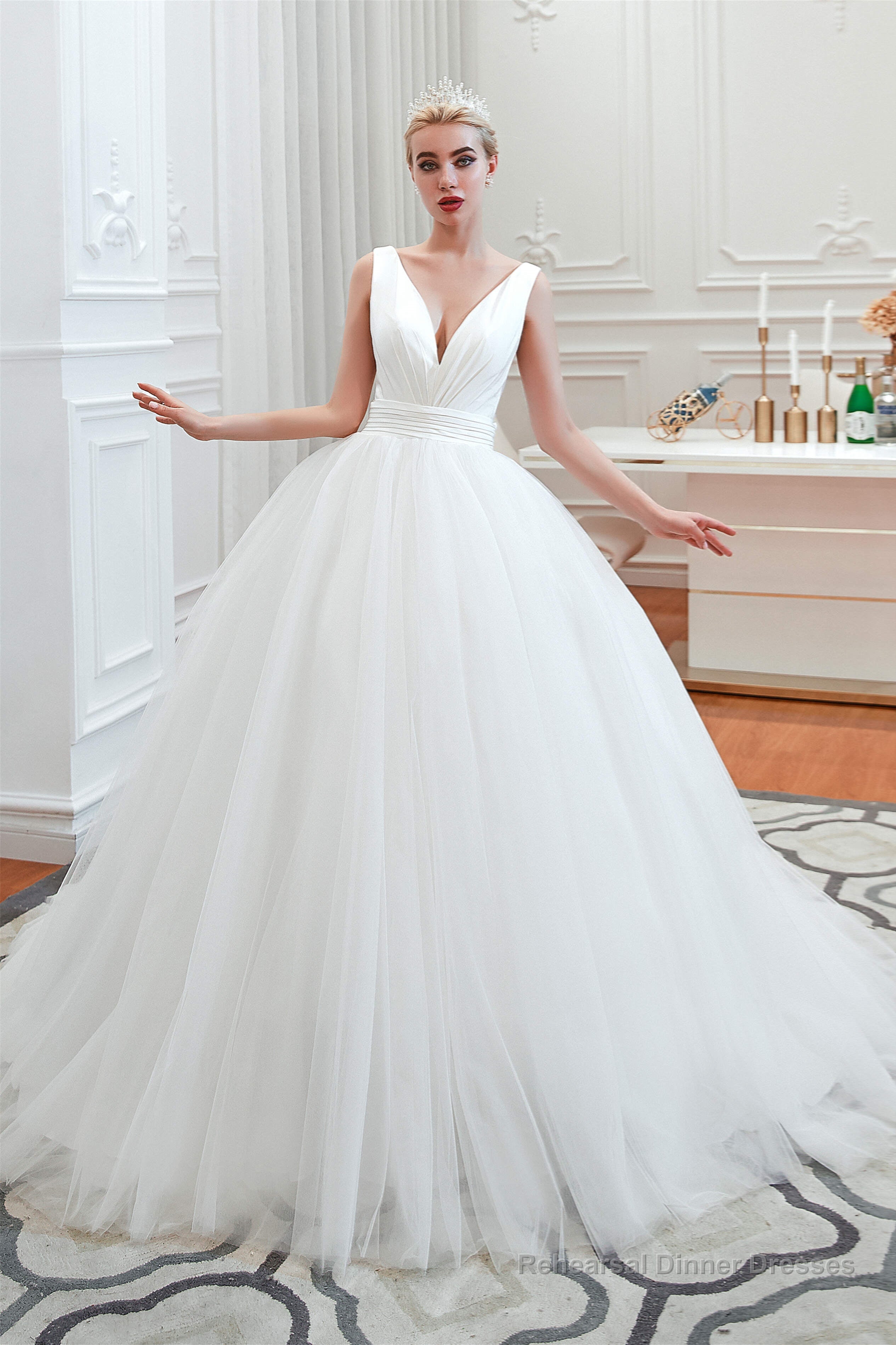 Simple White A Line V Neck Open Back Tulle Wedding Dresses Secondary image