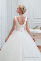 Simple White A Line V Neck Open Back Tulle Wedding Dresses