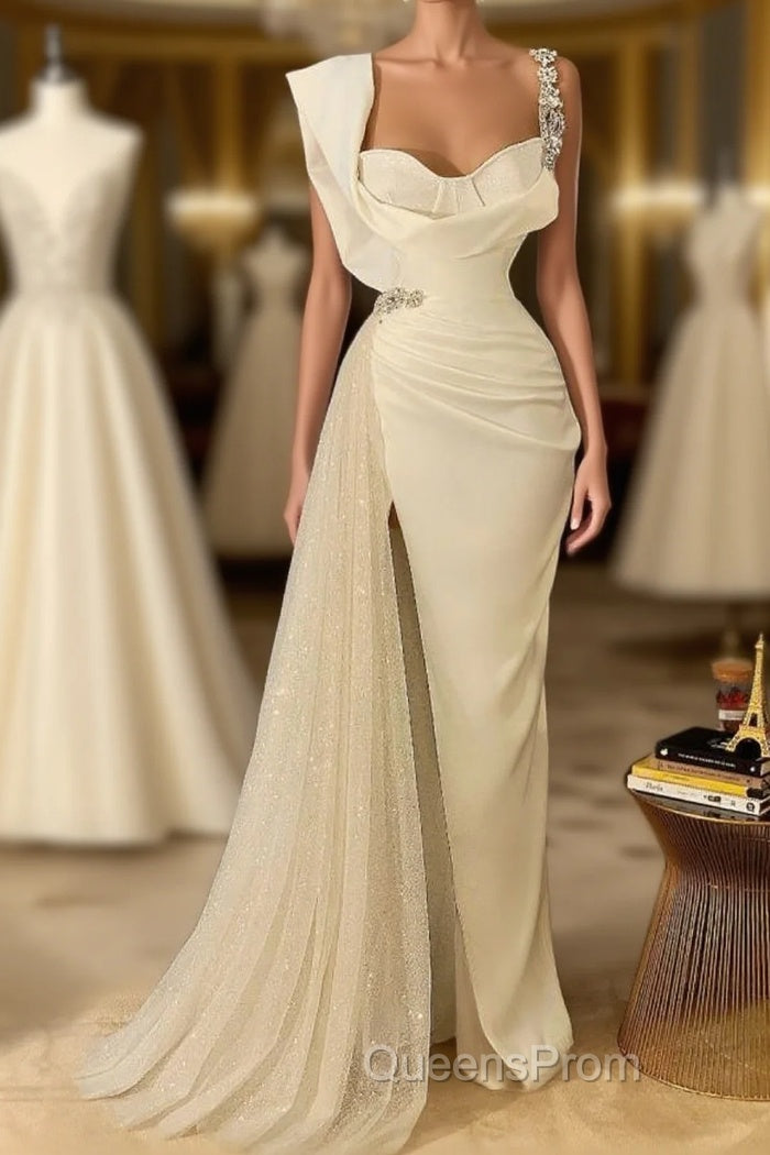 Simple White Long Mermaid Spaghetti Straps Beading Tulle Evening Prom Dress With Slit Main image