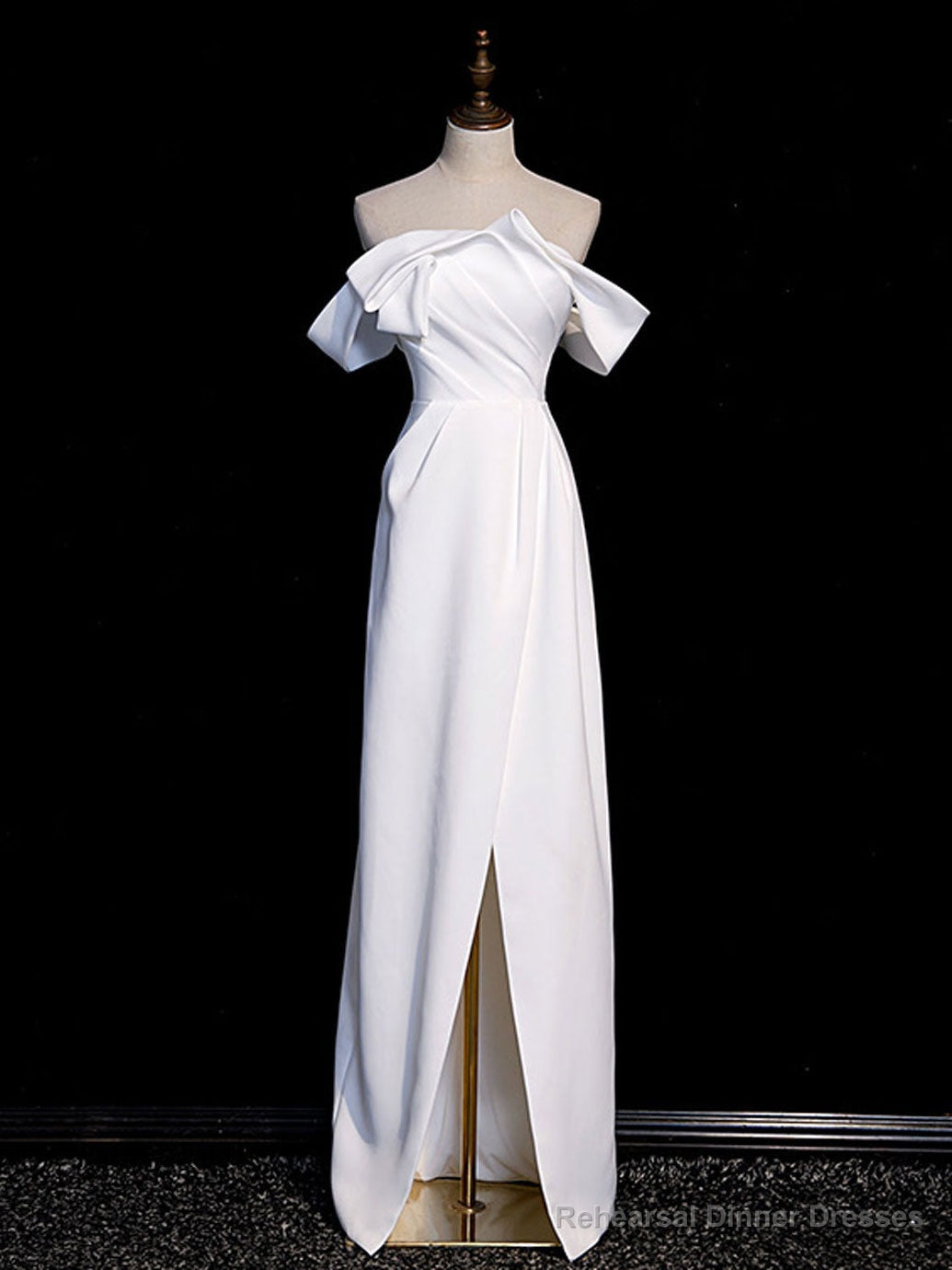 Simple White Off Shoulder Satin Long Prom Dress, White Long Formal Dress Main image