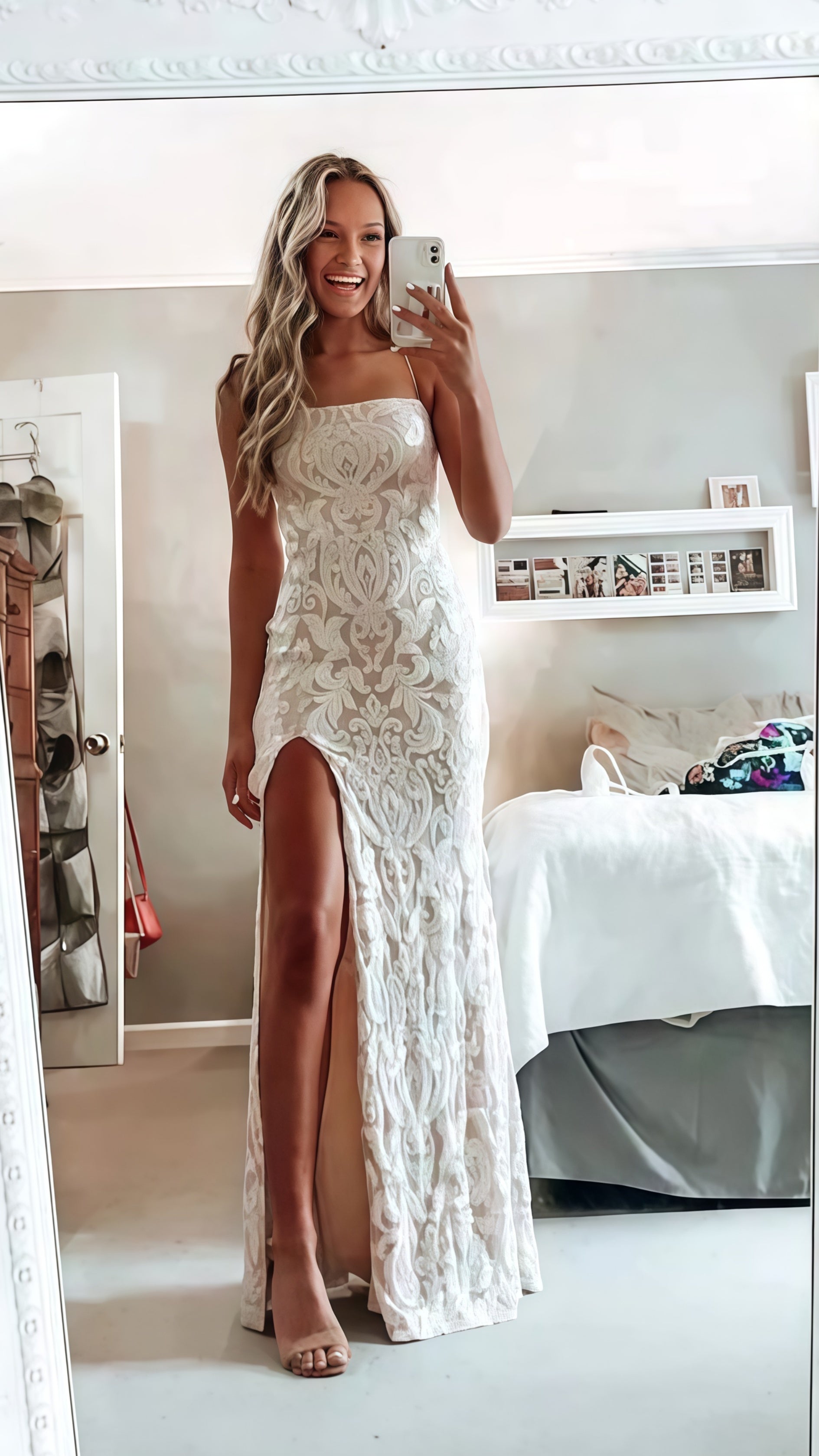 Simple White Classy Prom Dress, Modest Slit Classy Evening Dress, Lace Wedding Gown