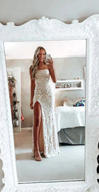 Simple White Classy Prom Dress, Modest Slit Classy Evening Dress, Lace Wedding Gown