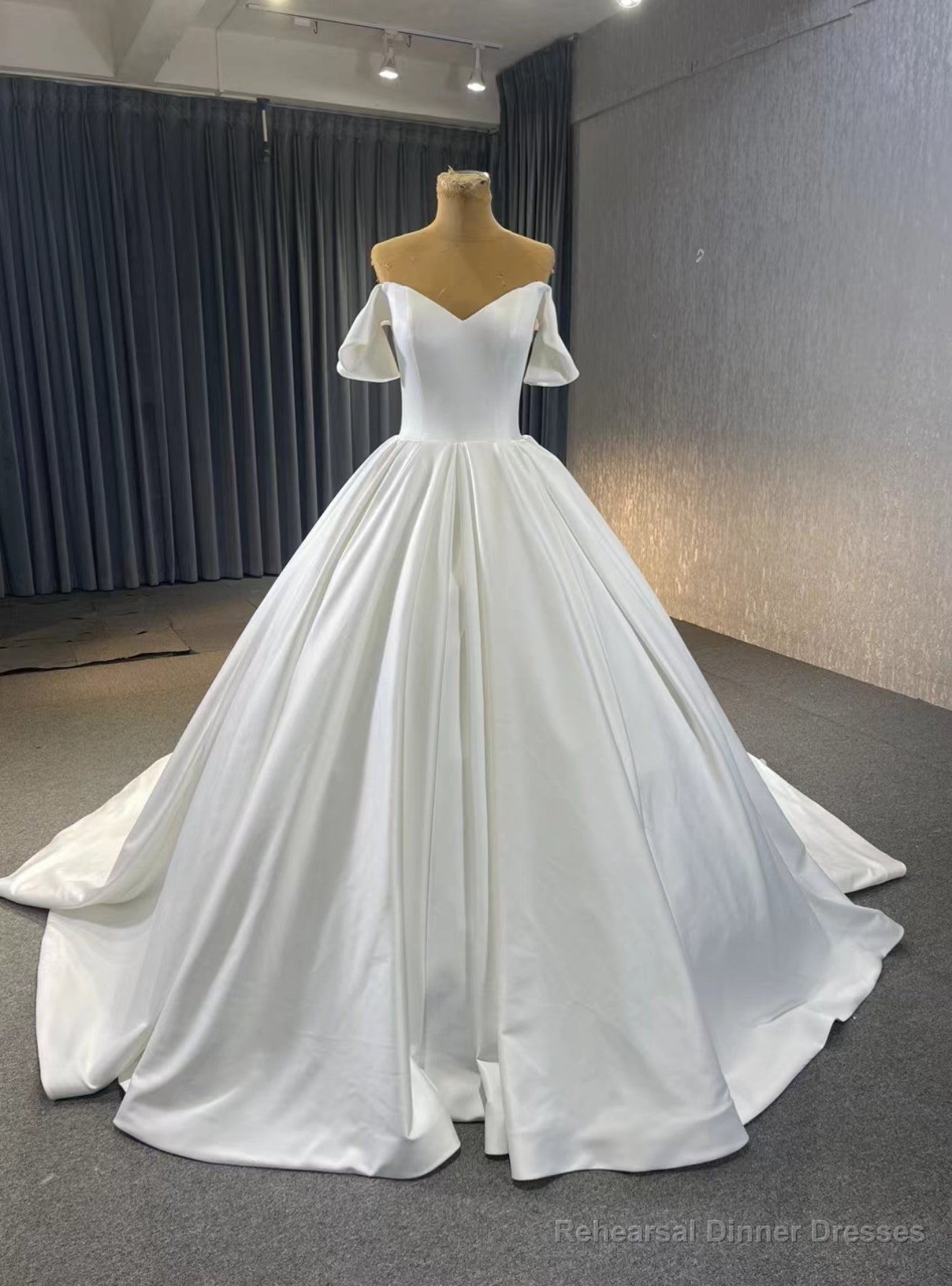 Simple White Satin Off the Shoulder Wedding Dress Main image