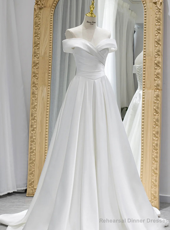 Simple White Satin Pleats Wedding Dress Main image