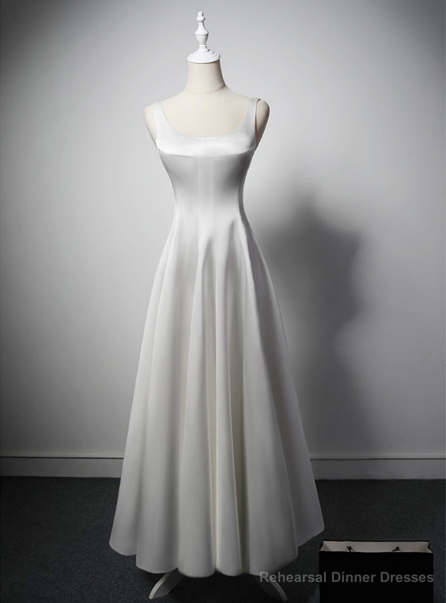 Simple White Satin Straps Ankle Length Wedding Dress Main image