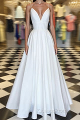 Simple white v neck satin long Evening Prom Dress white evening Dress