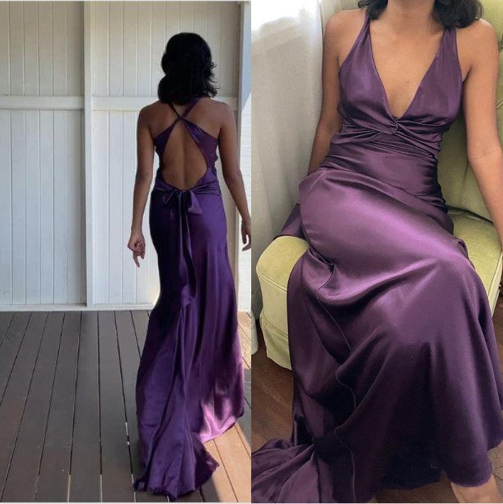 Simple Yellow A-Line Long Classy Prom Dress For Party&Guest-V Neck Satin Beautiful Backless Classy Evening Dress