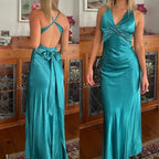 Simple Yellow A-Line Long Classy Prom Dress For Party&Guest-V Neck Satin Beautiful Backless Classy Evening Dress