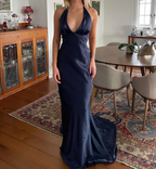 Simple Yellow A-Line Long Classy Prom Dress For Party&Guest-V Neck Satin Beautiful Backless Classy Evening Dress