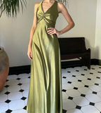 Simple Yellow A-Line Long Classy Prom Dress For Party&Guest-V Neck Satin Beautiful Backless Classy Evening Dress