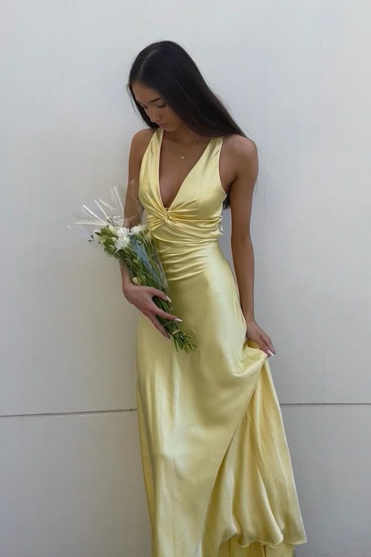 Simple Yellow A-Line Long Classy Prom Dress For Party&Guest-V Neck Satin Beautiful Backless Classy Evening Dress Main image