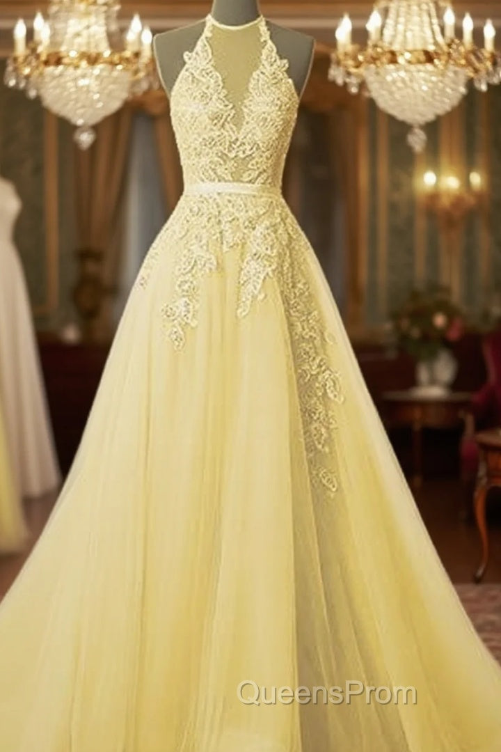 Simple Yellow Lace Evening Prom Dress With Beading Main image