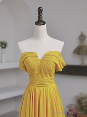 Simple Yellow Off Shoulder Long Prom Dress, Yellow Chiffon Graduation Dresses