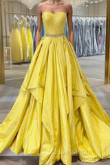 Simple yellow satin long Evening Prom Dress yellow evening Dress