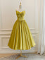 Simple Yellow Satin Tea Length Prom Dress, Yellow Homecoming Dress