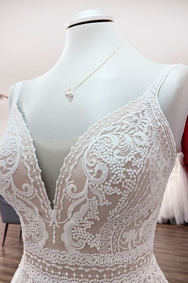 Simply Long A-line Tulle Lace Open Back Wedding Dress