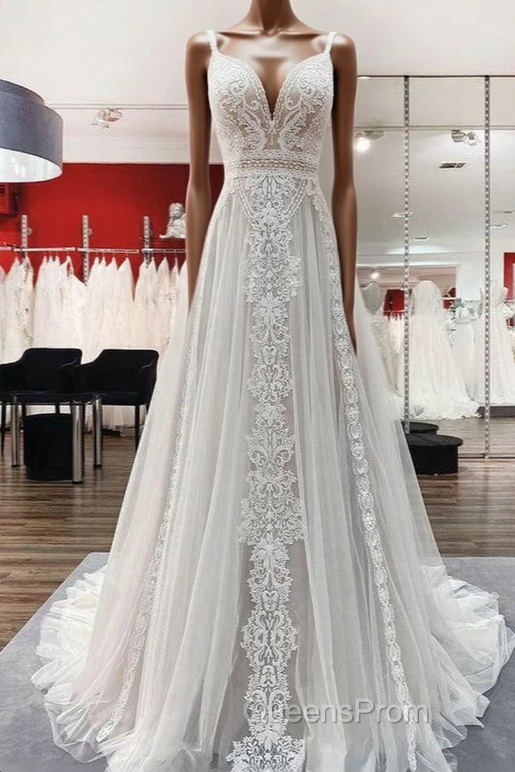 Simply Long A-line Tulle Lace Open Back Wedding Dress Main image