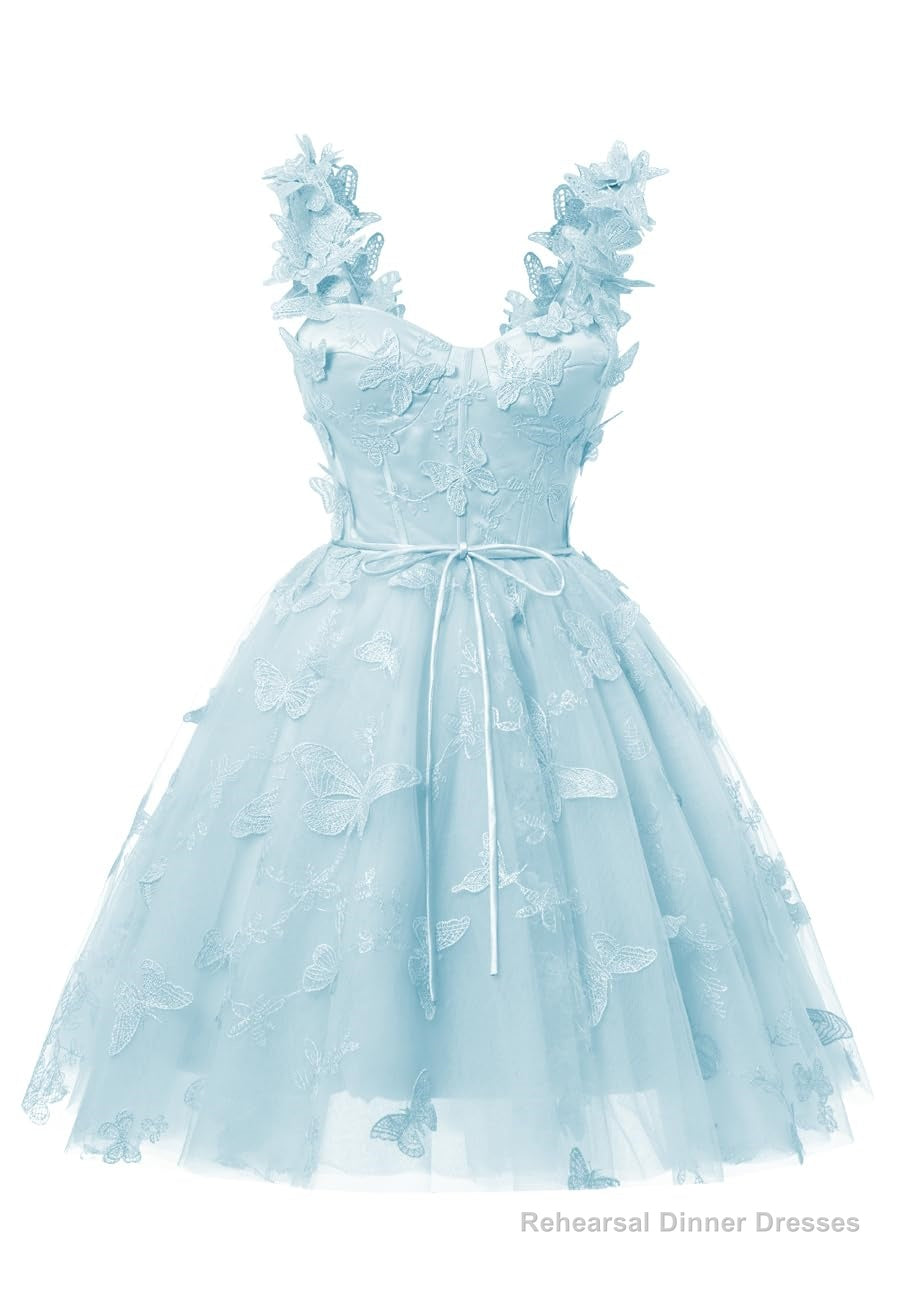 Sky Blue 3D Butterfly Lace Applique Tulle Homecoming Dress for Teens Sweetheart Mini Short Prom Dresses Main image