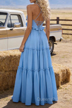 Sky Blue A-line V Neck Sleeveless Floor-Length Chiffon Prom Dress Long Prom Dresses Backless with Pleated Ruffles