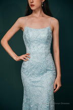 Sky Blue Backless Long Lace Spaghetti Straps Prom Dresses