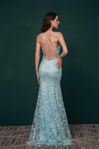 Sky Blue Backless Long Lace Spaghetti Straps Prom Dresses