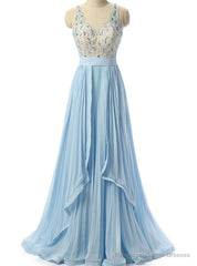 Sky Blue Beaded Prom Dress Formal Women Evening Dresses
