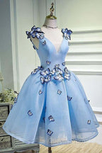 Sky Blue Homecoming Dress Butterfly Applique Short Evening Prom Dress