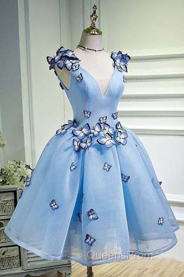 Sky Blue Homecoming Dress Butterfly Applique Short Evening Prom Dress