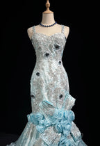 Sky Blue Mermaid Spaghetti Straps Organza Diamond Long Evening Prom Dress Lace Floral Evening Gown