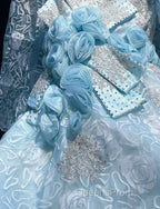 Sky Blue Mermaid Spaghetti Straps Organza Diamond Long Evening Prom Dress Lace Floral Evening Gown