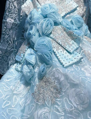Sky Blue Mermaid Spaghetti Straps Organza Diamond Long Evening Prom Dress Lace Floral Evening Gown