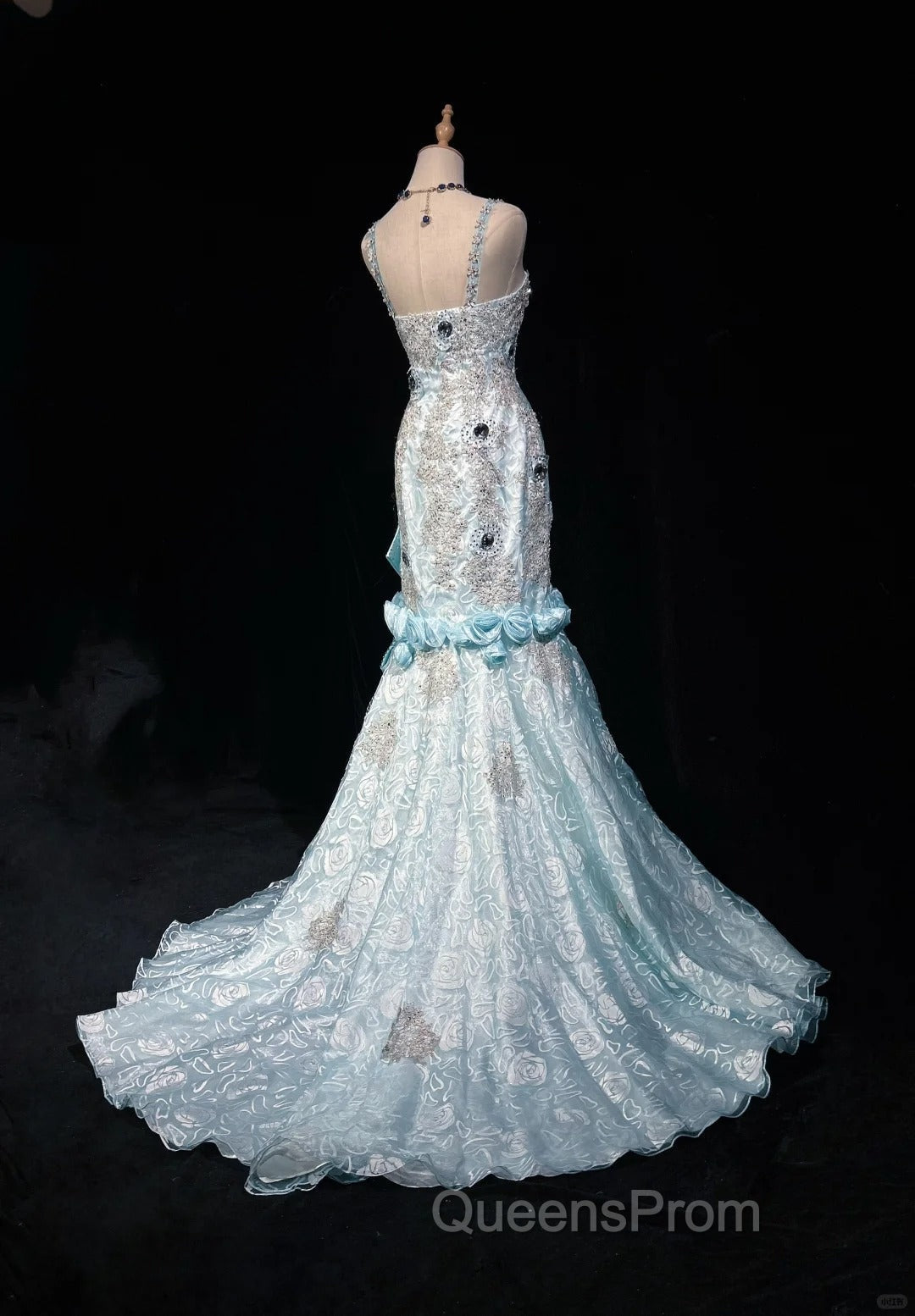 Sky Blue Mermaid Spaghetti Straps Organza Diamond Long Evening Prom Dress Lace Floral Evening Gown
