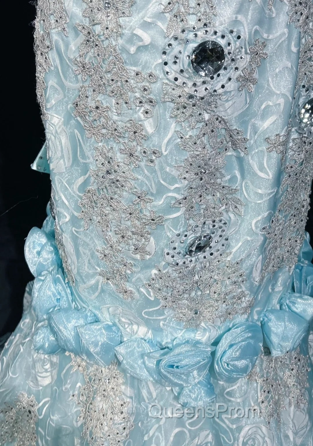 Sky Blue Mermaid Spaghetti Straps Organza Diamond Long Evening Prom Dress Lace Floral Evening Gown